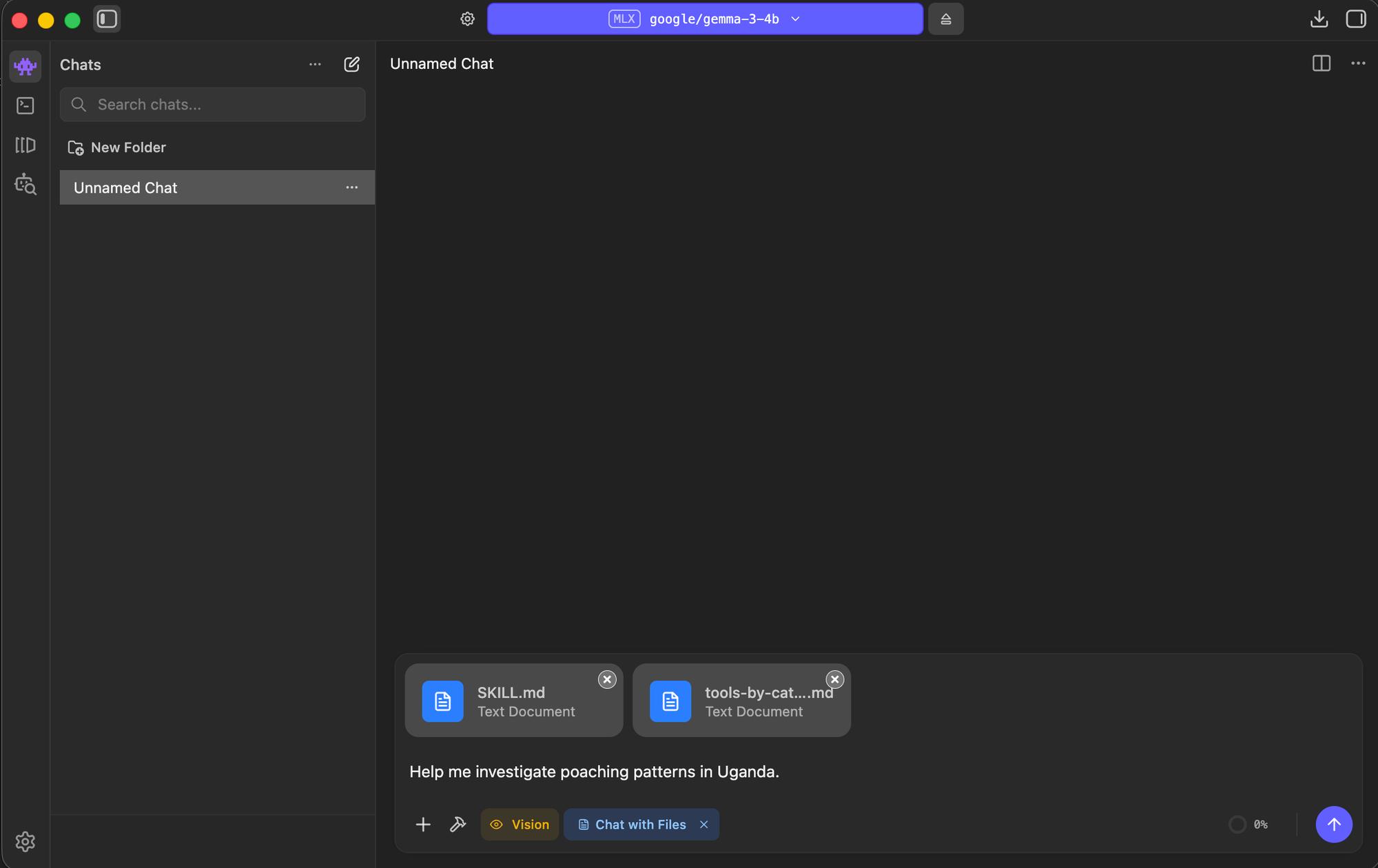 LM Studio with Gemma 3 4B running the OSINT skill via Chat with Files