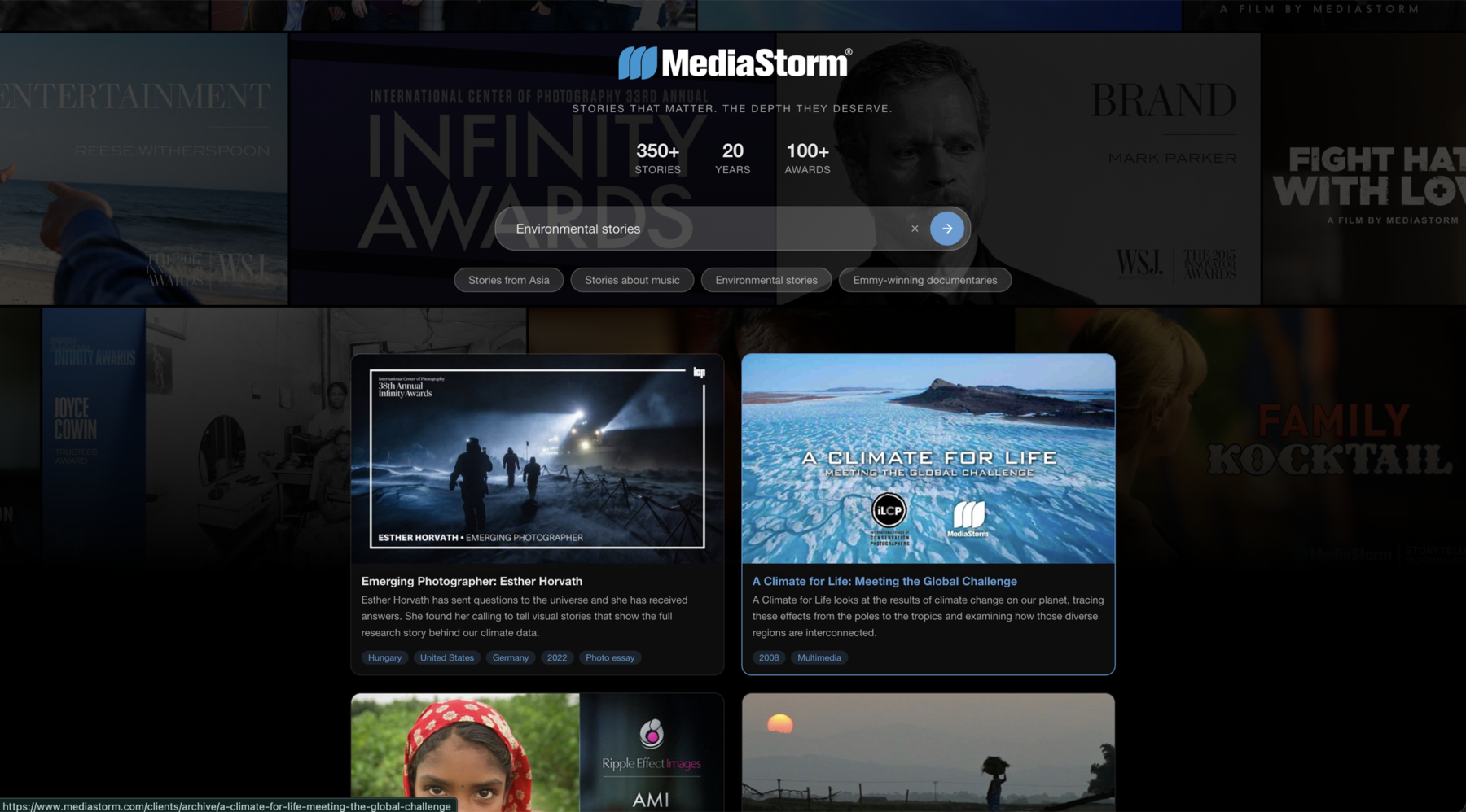 MediaStorm Archive Explorer showing search results for environmental stories
