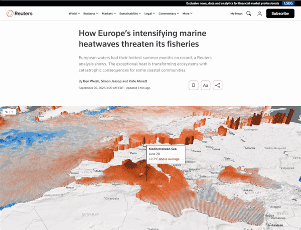 Reuters 3D map of Europe's seas, each patch raised by how far its temperature ran above average